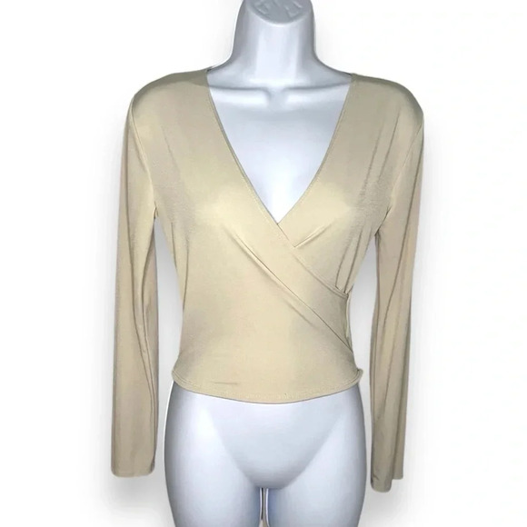 YMI Collections Beige Wrap Tie Blouse - Size S - Long Sleeve V-Neck Top - Picture 2 of 8